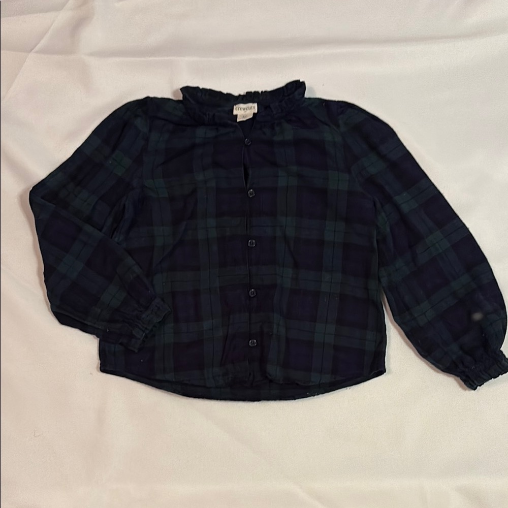 Crewcuts Blue and Green Plaid Button Down Shirt with Ruffle Collar